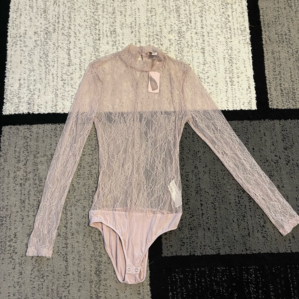 Forever 21 light pink body suit, lace material **SEE THROUGH**